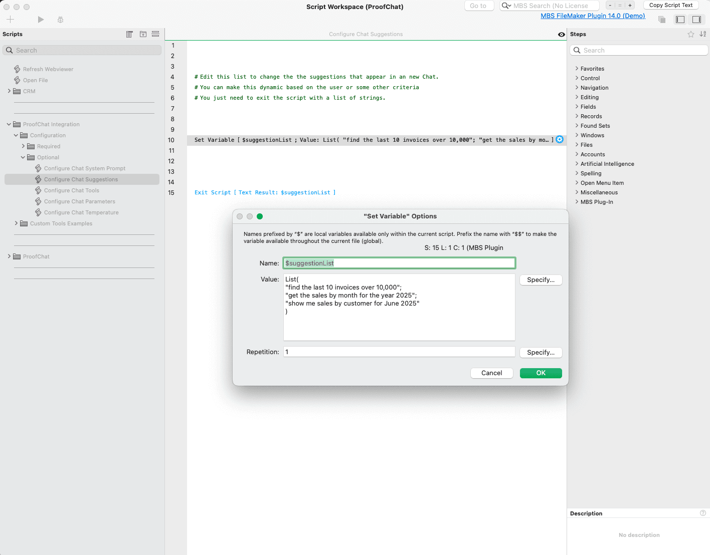 Configure Chat Suggestions – Set Variable $suggestionList as List("…")
