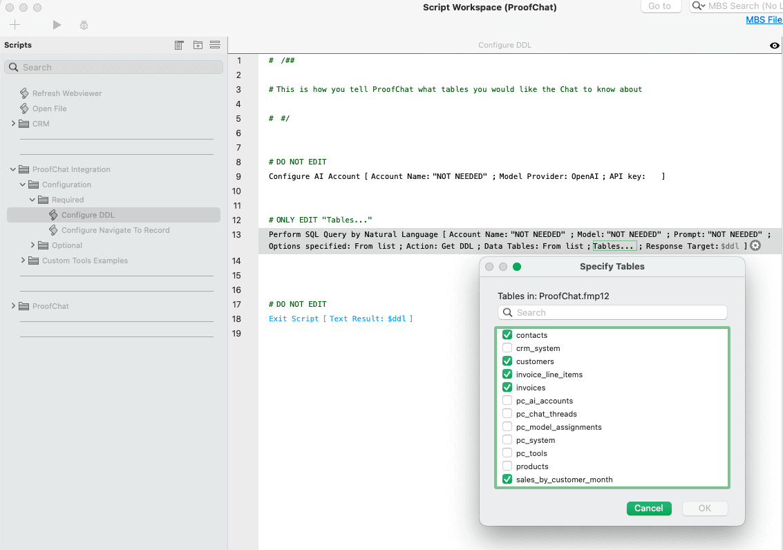 Configuring DDL in FileMaker Script Workspace