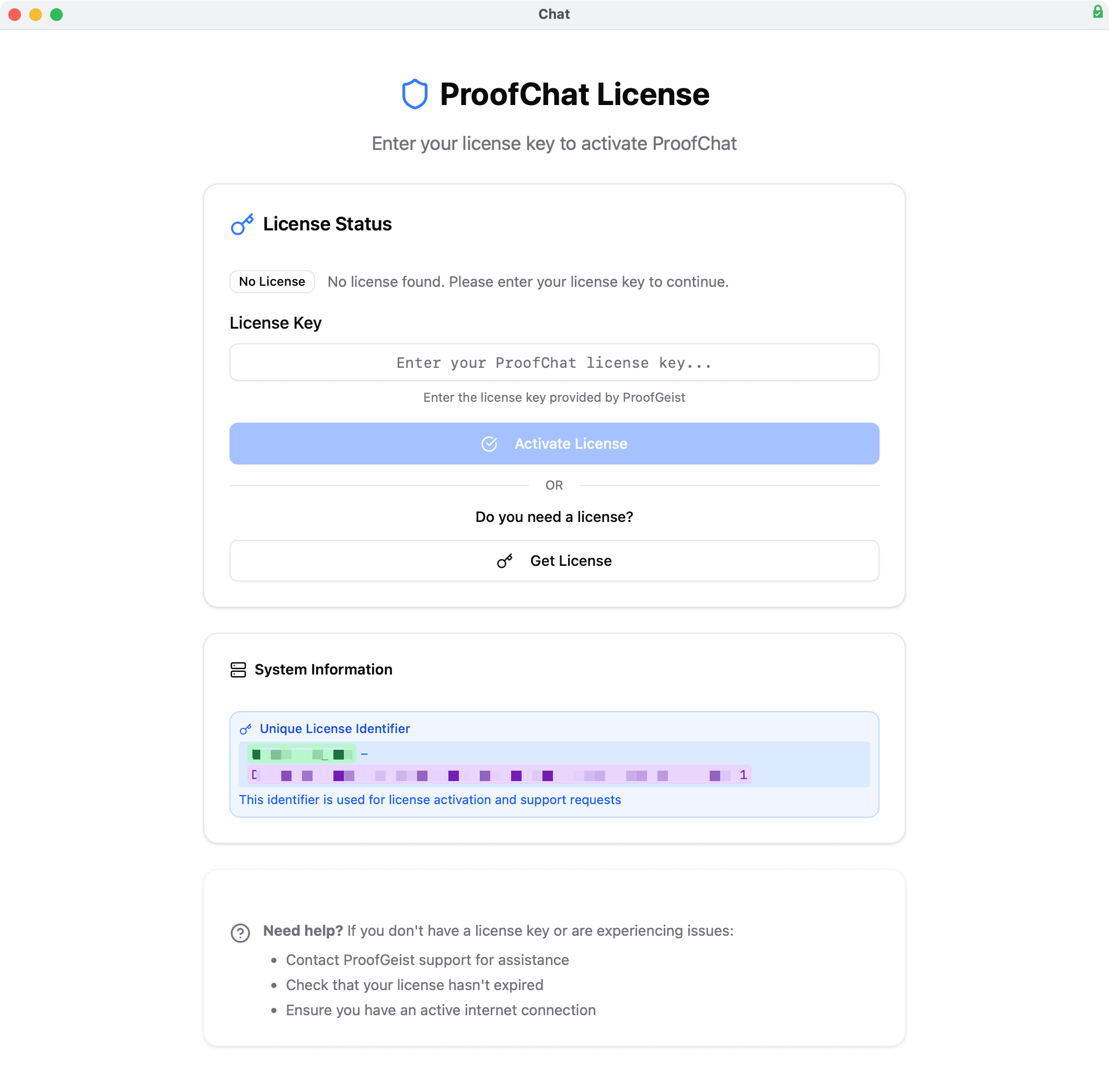 ProofChat License Activation Screen